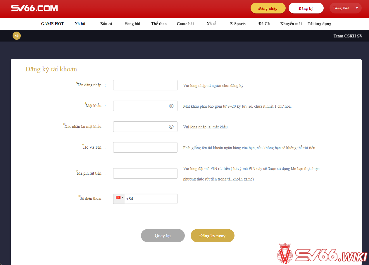 Đăng ký tài khoản game mới tại SV66