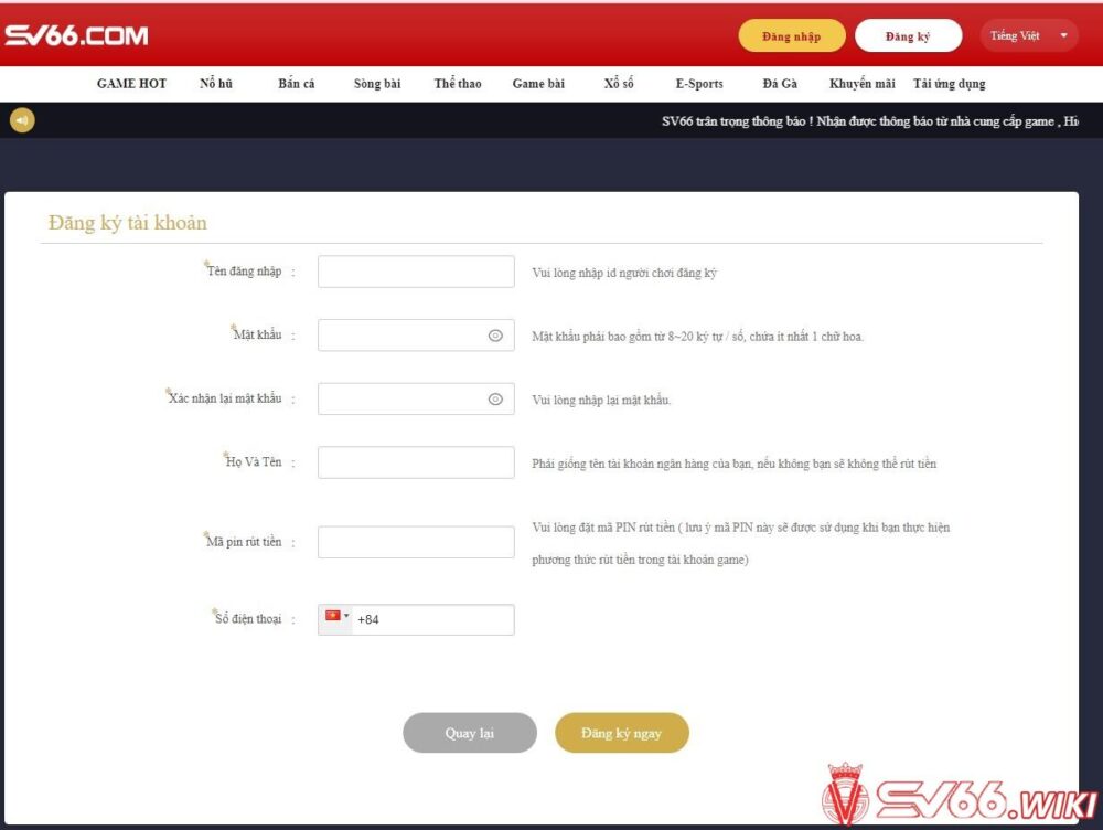 Nhập thông tin vào biểu mẫu đăng ký để tạo tài khoản chơi game tại SV66