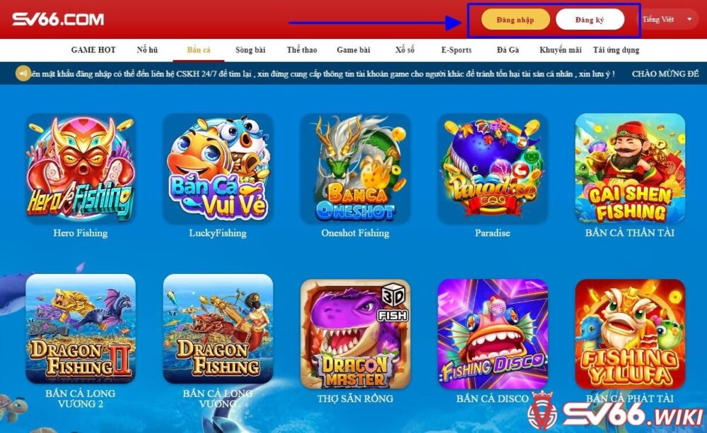 Nhấp vào biểu tượng để đăng ký/đăng nhập vào tài khoản game tại SV66 